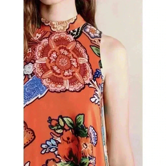 🌷Anthropologie Maeve Larkhill 100% Silk Swing Dress Floral Orange Midi Length S - Picture 3 of 12